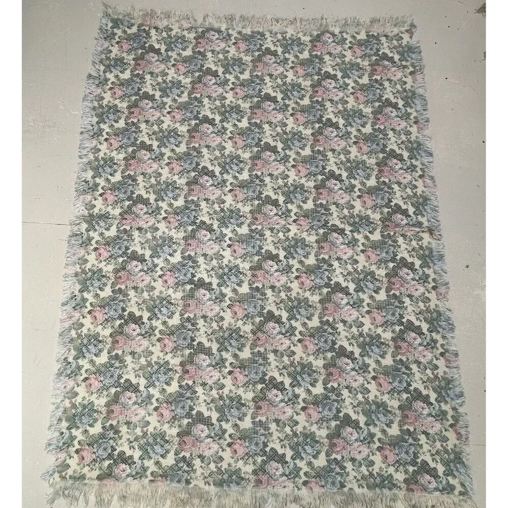 European Classics Simply Country Rose Throw Blanket Fringe Pink Flower Power Vtg